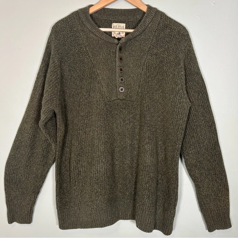 RedHead Henley Rib-Knit Fisherman Sweater-Olive Green-Men XL